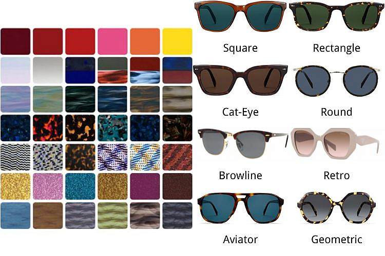 Acetate sunglasses frames are available in various colors and shapes.